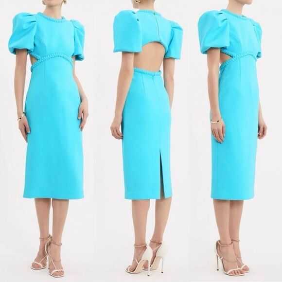 Rebecca Vallance Michelle Puff Sleeve Teal Blue Midi‎ Dress Size 10 - Picture 13 of 13